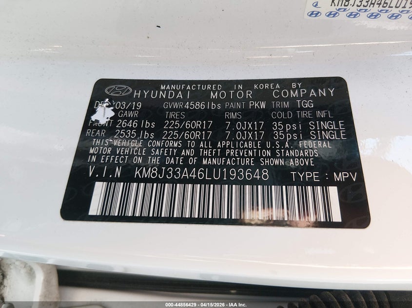 VIN KM8J33A46LU193648 2020 HYUNDAI TUCSON VALUE