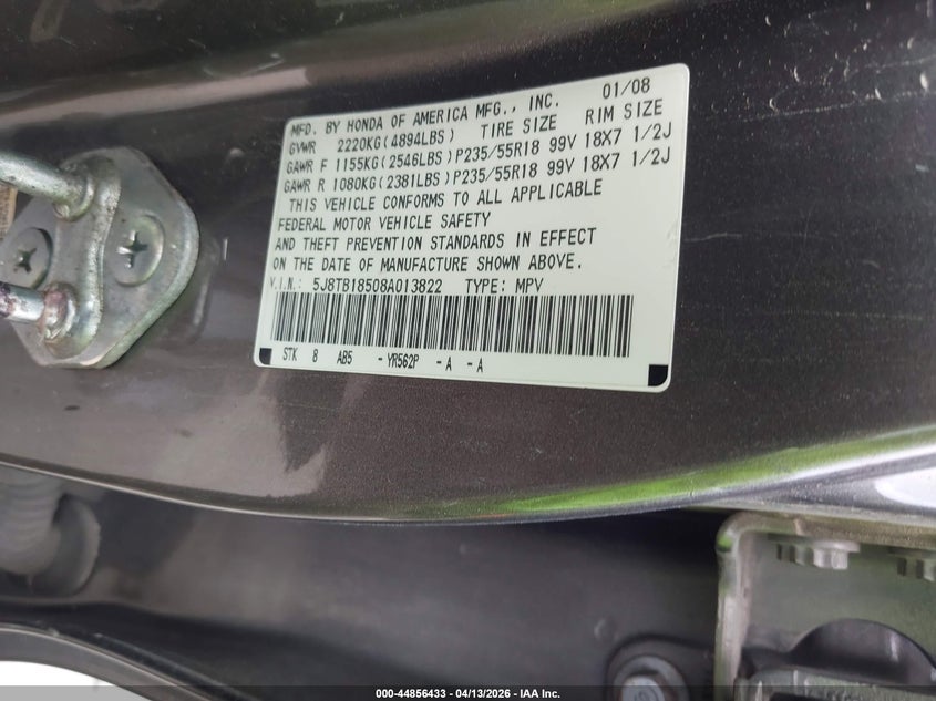 2008 Acura Rdx VIN: 5J8TB18508A013822 Lot: 44856433