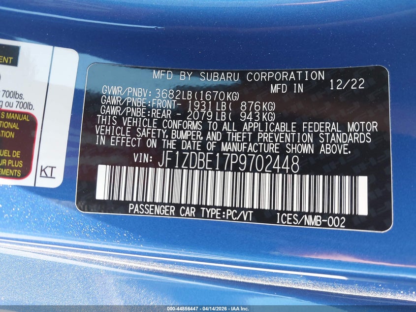 2023 Subaru Brz Limited VIN: JF1ZDBE17P9702448 Lot: 44856447