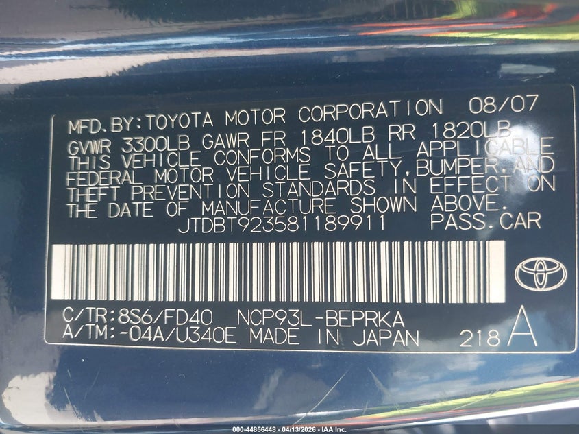 2008 Toyota Yaris VIN: JTDBT923581189911 Lot: 44856448