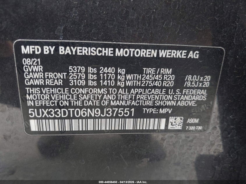 2022 BMW X4 xDrive30I VIN: 5UX33DT06N9J37551 Lot: 44856450