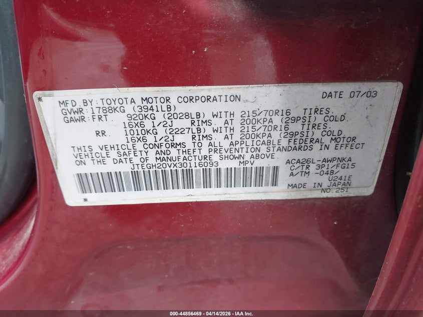 2003 Toyota Rav4 VIN: JTEGH20VX30116093 Lot: 44856469