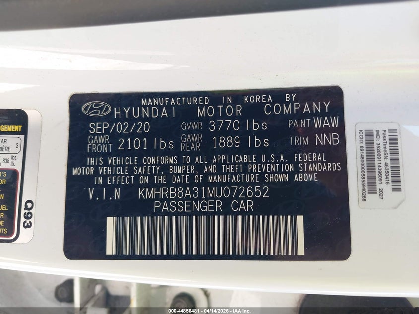 2021 Hyundai Venue Se VIN: KMHRB8A31MU072652 Lot: 44856481