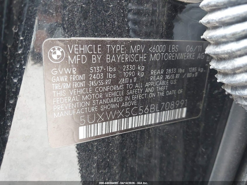 2011 BMW X3 xDrive28I VIN: 5UXWX5C56BL708991 Lot: 44856499