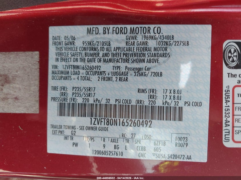 2006 Ford Mustang V6 VIN: 1ZVFT80N165260492 Lot: 44856502