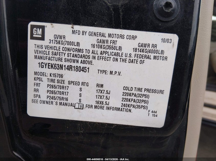 2004 Cadillac Escalade Standard VIN: 1GYEK63N14R180451 Lot: 44856516