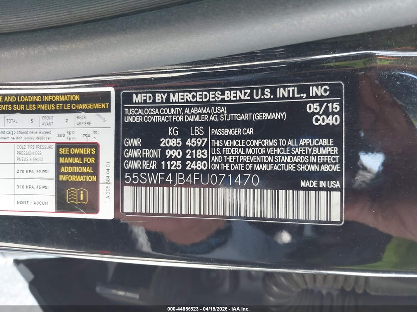 2015 Mercedes-Benz C 300 VIN: 55SWF4JB4FU071470 Lot: 44856523