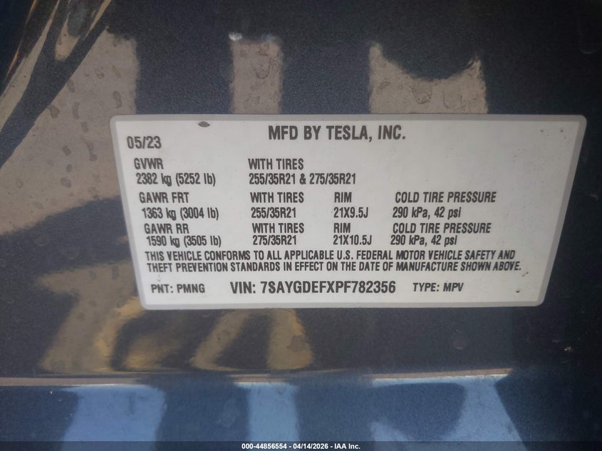 2023 Tesla Model Y Performance Dual Motor All-Wheel Drive VIN: 7SAYGDEFXPF782356 Lot: 44856554