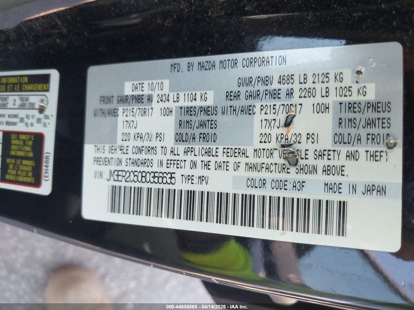 2011 Mazda Cx-7 I Touring VIN: JM3ER2C50B0356635 Lot: 44856565