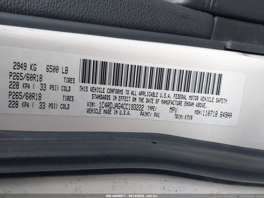 2012 Dodge Durango Sxt VIN: 1C4RDJAG4CC193222 Lot: 44856577