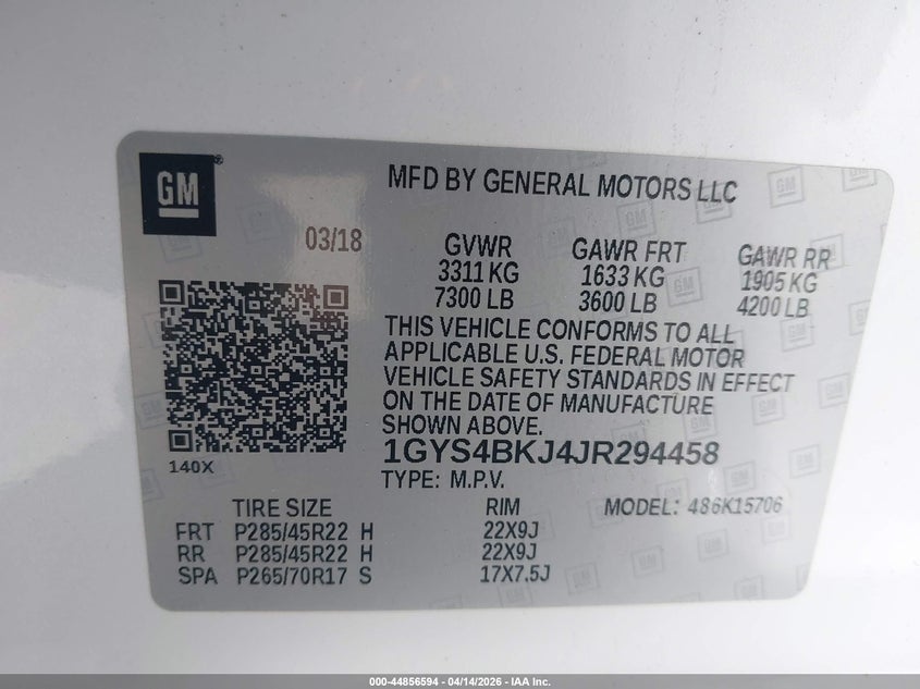 2018 Cadillac Escalade Luxury VIN: 1GYS4BKJ4JR294458 Lot: 44856594