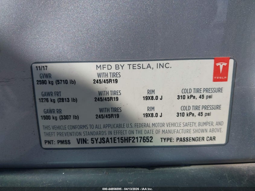 2017 Tesla Model S 60/75 VIN: 5YJSA1E15HF217652 Lot: 44856595