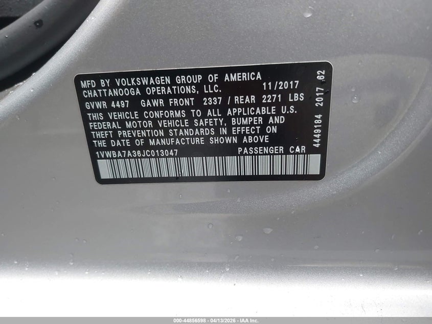 2018 Volkswagen Passat 2.0T Se VIN: 1VWBA7A36JC013047 Lot: 44856598