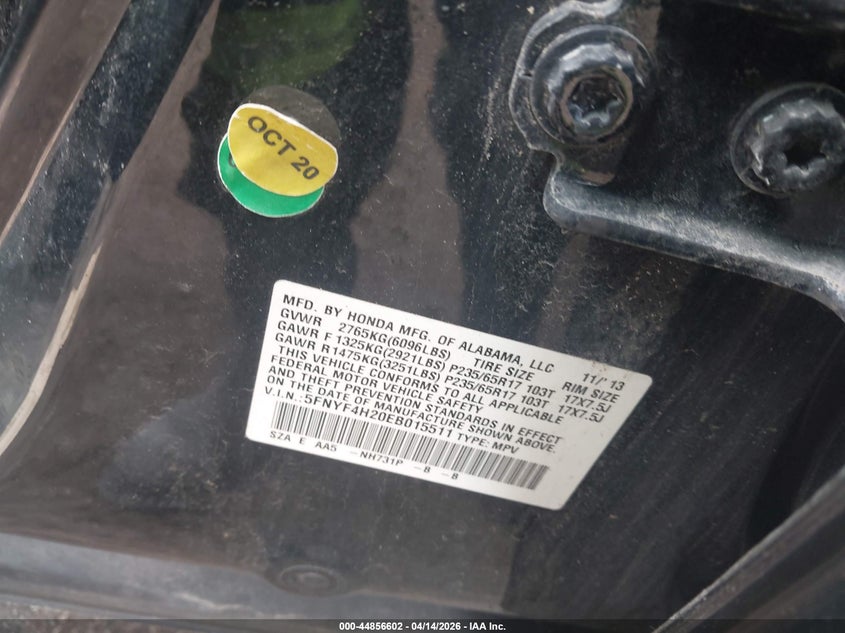 2014 Honda Pilot Lx VIN: 5FNYF4H20EB015511 Lot: 44856602