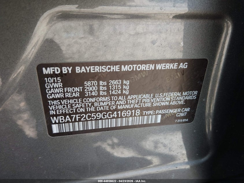 2016 BMW 750I xDrive VIN: WBA7F2C59GG416918 Lot: 44856622