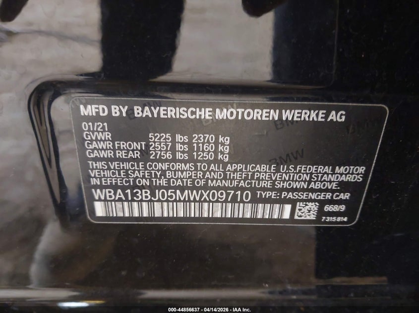 2021 BMW 530I xDrive VIN: WBA13BJ05MWX09710 Lot: 44856637