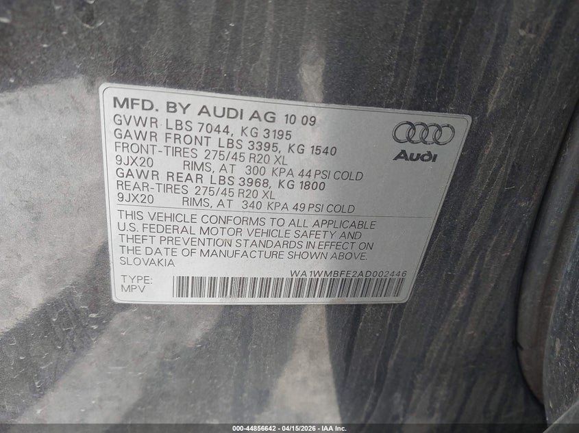 2010 Audi Q7 3.0 Tdi Premium VIN: WA1WMBFE2AD002446 Lot: 44856642