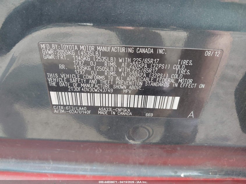 2012 Toyota Rav4 Limited VIN: 2T3DF4DV3CW243749 Lot: 44856671