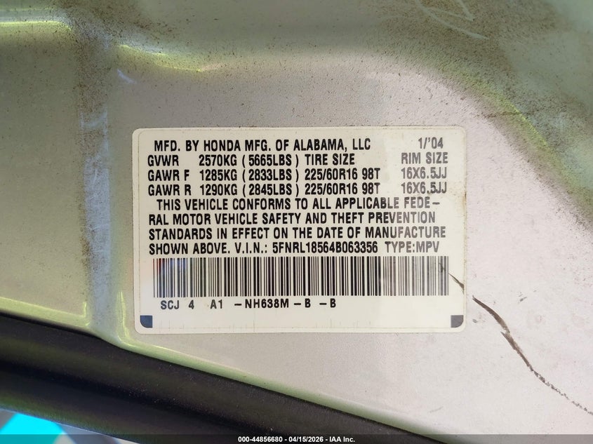 2004 Honda Odyssey Lx VIN: 5FNRL18564B063356 Lot: 44856680