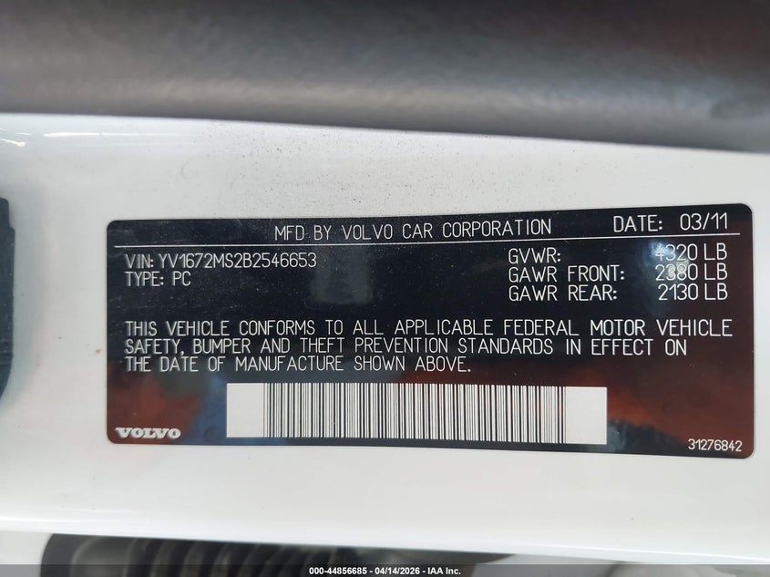 2011 Volvo S40 T5/T5 R-Design VIN: YV1672MS2B2546653 Lot: 44856685