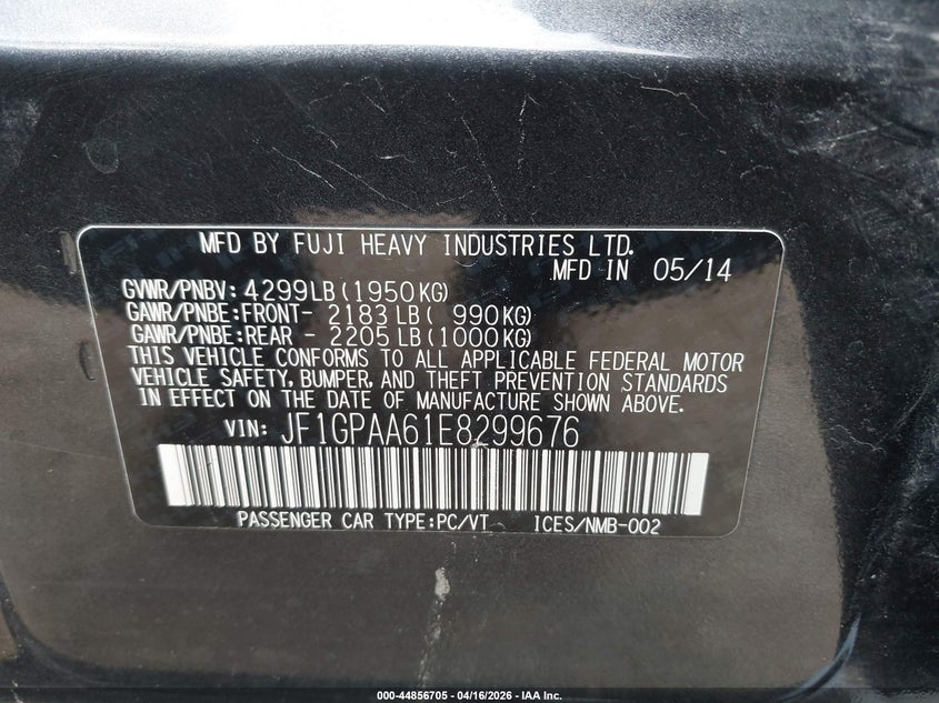 2014 Subaru Impreza 2.0 2.0i Grey Lot 111044856705 Vin JF1GPAA61E8299676