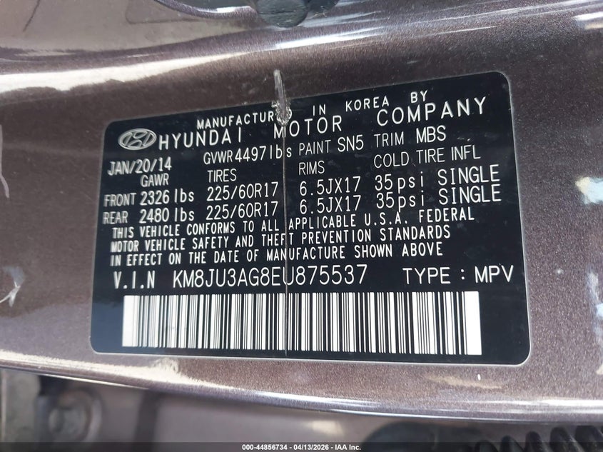 2014 Hyundai Tucson Se VIN: KM8JU3AG8EU875537 Lot: 44856734