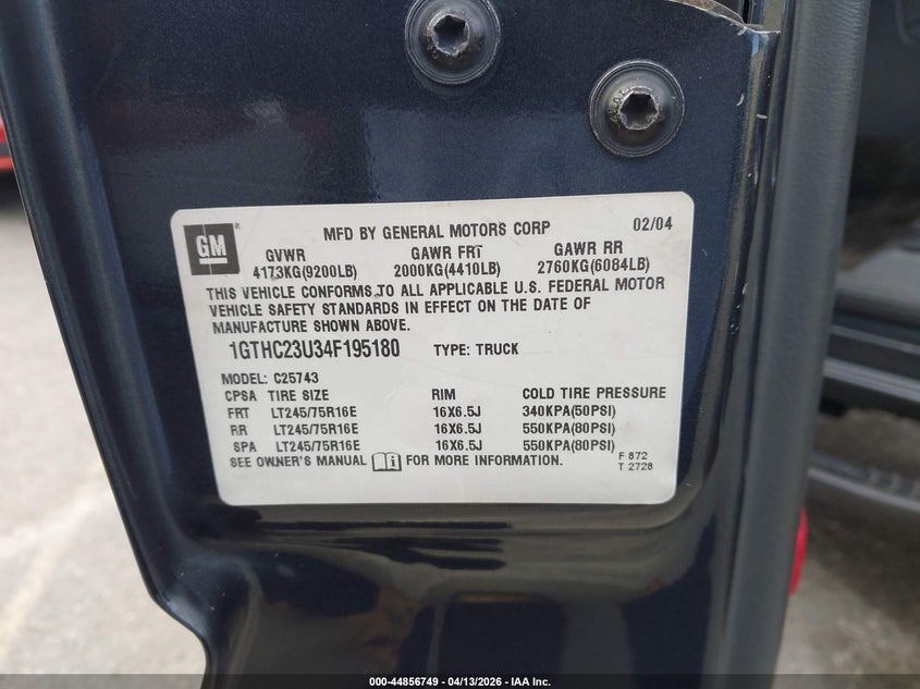 2004 GMC Sierra 2500Hd Sle/Slt/Work Truck VIN: 1GTHC23U84F185180 Lot: 44856749