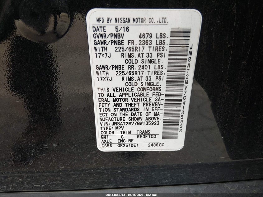 2016 Nissan Rogue S VIN: JN8AT2MV7GW135923 Lot: 44856761