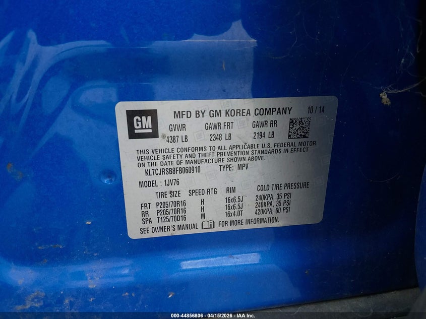 2015 Chevrolet Trax Lt VIN: KL7CJRSB8FB060910 Lot: 44856806