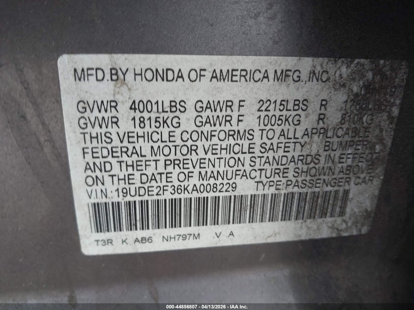 2019 Acura Ilx Standard VIN: 19UDE2F36KA008229 Lot: 44856807