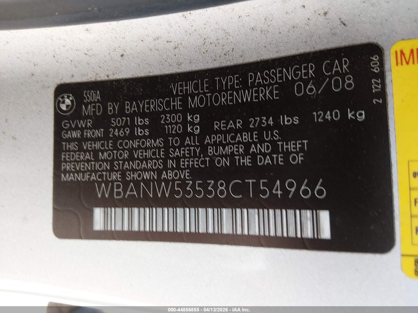 2008 BMW 550I VIN: WBANW53538CT54966 Lot: 44856855