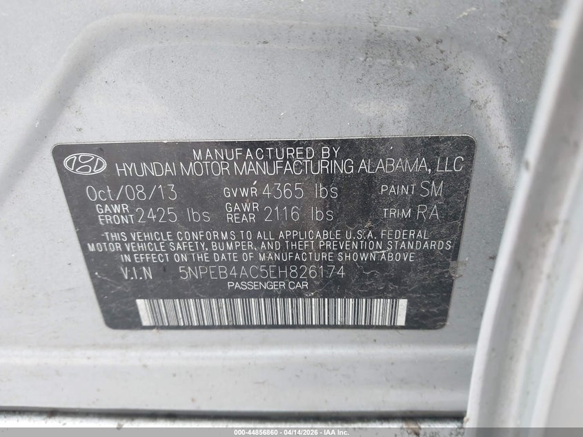 2014 Hyundai Sonata 2.4 Gls silver Lot 111044856860 Vin 5NPEB4AC5EH826174