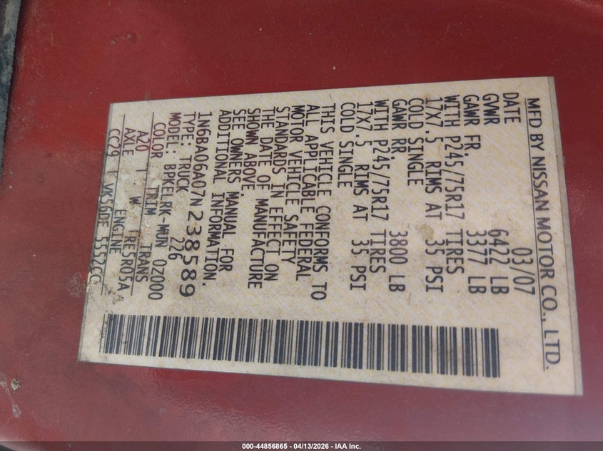 2007 Nissan Titan Xe VIN: 1N6BA06A07N238589 Lot: 44856865