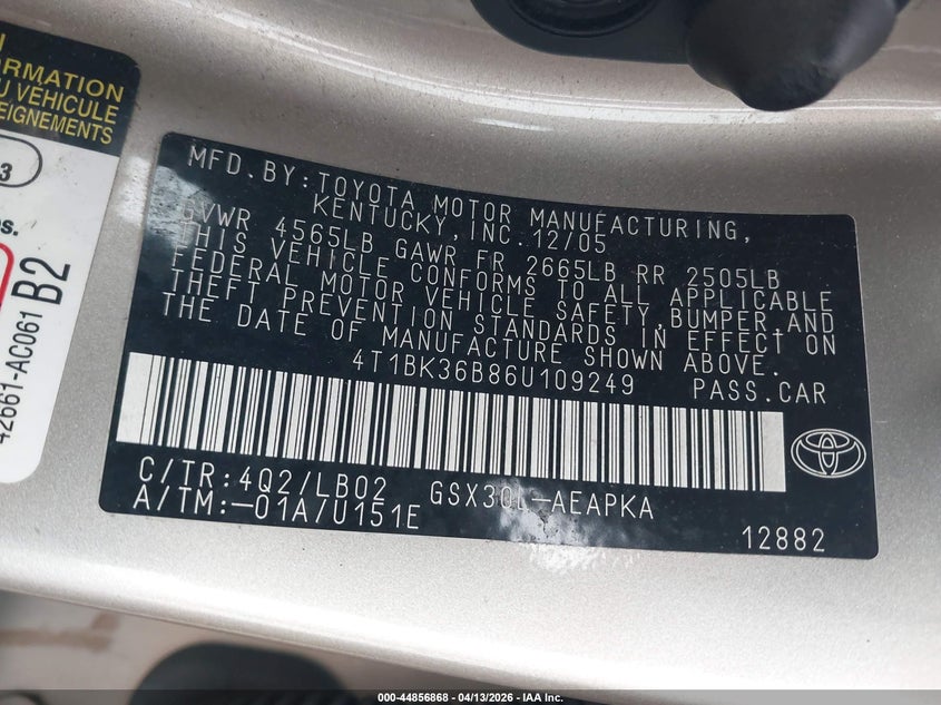 2006 Toyota Avalon Limited VIN: 4T1BK36B86U109249 Lot: 44856868