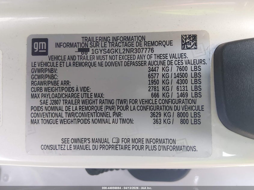 2022 Cadillac Escalade Sport Platinum VIN: 1GYS4GKL2NR307776 Lot: 44856884