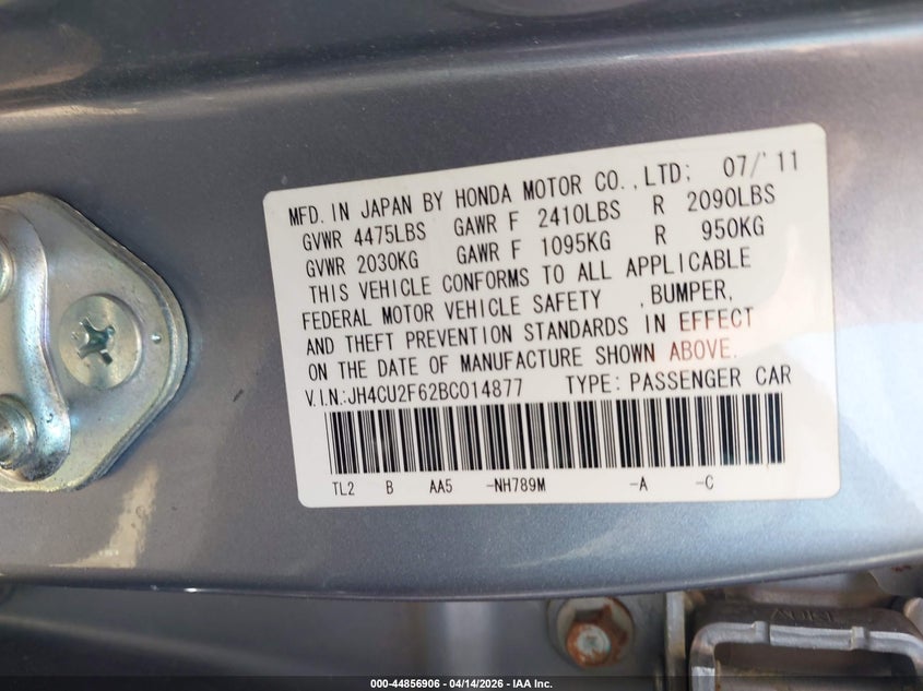 2011 Acura Tsx 2.4 VIN: JH4CU2F62BC014877 Lot: 44856906