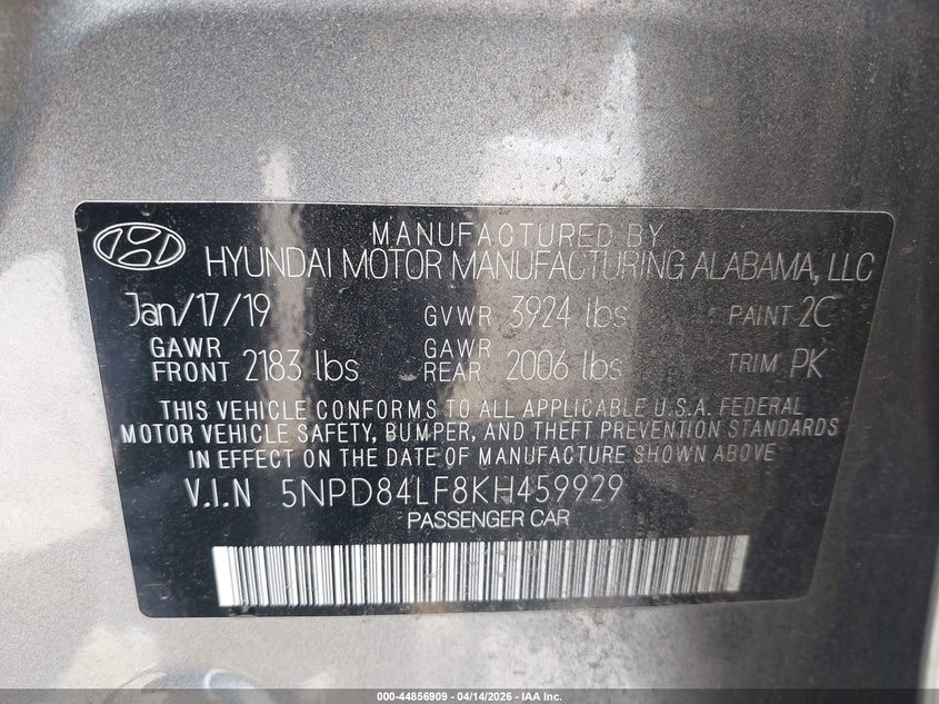 2019 Hyundai Elantra Sel VIN: 5NPD84LF8KH459929 Lot: 44856909