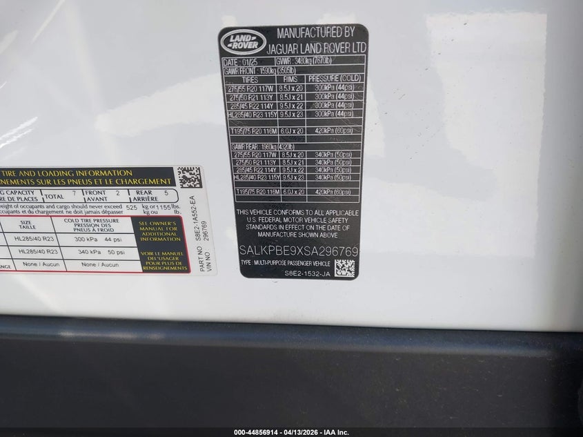 2025 Land Rover Range Rover P530 Se 7 Seat VIN: SALKPBE9XSA296769 Lot: 44856914