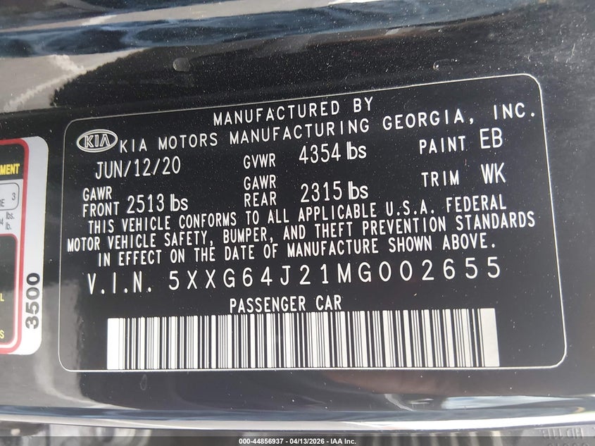 2021 Kia K5 Gt-Line VIN: 5XXG64J21MG002655 Lot: 44856937