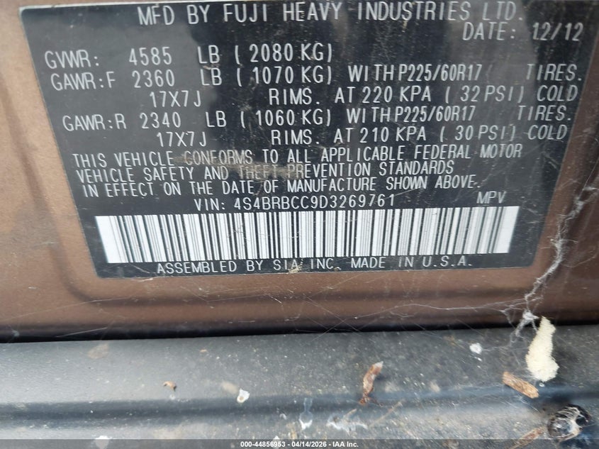 2013 Subaru Outback 2.5I Premium VIN: 4S4BRBCC9D3269761 Lot: 44856953