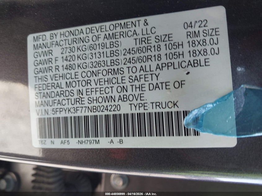 VIN 5FPYK3F77NB024220 2022 HONDA RIDGELINE RTL-E