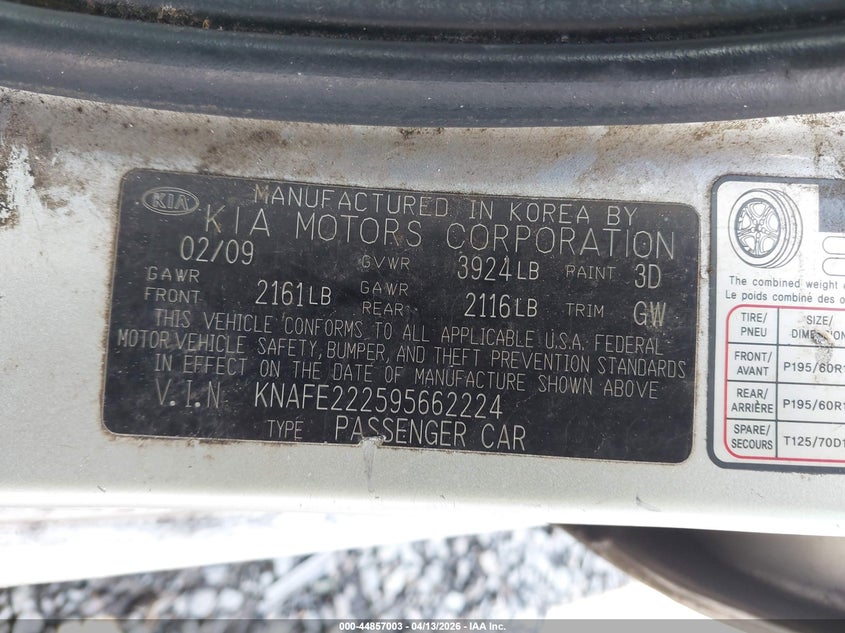 2009 Kia Spectra Ex VIN: KNAFE222595662224 Lot: 44857003