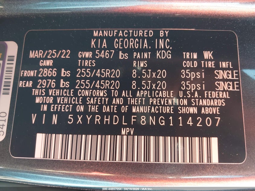 2022 Kia Sorento X-Line Ex VIN: 5XYRHDLF8NG114207 Lot: 44857054