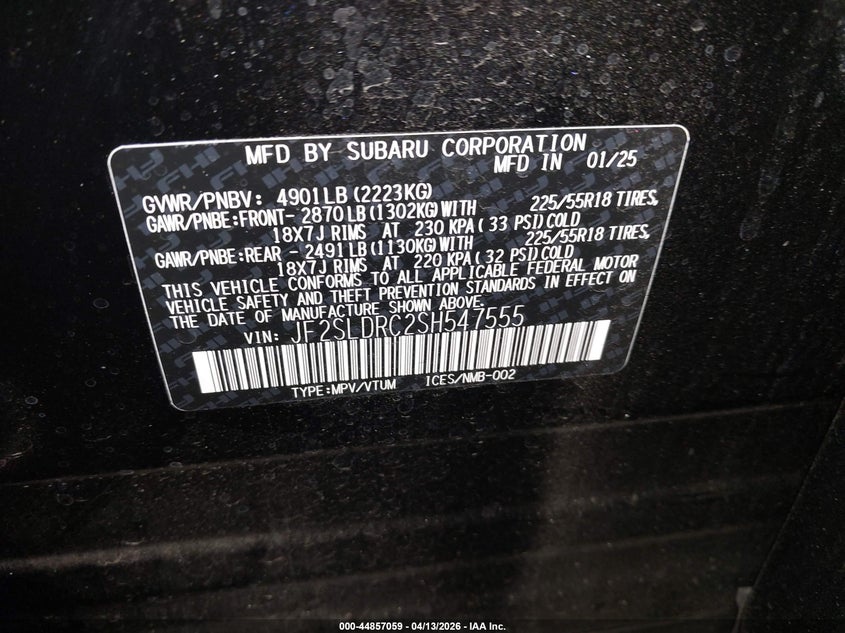 2025 Subaru Forester Limited VIN: JF2SLDRC2SH547555 Lot: 44857059