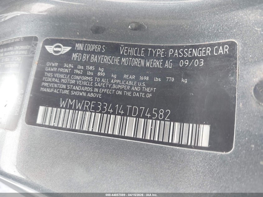 2004 Mini Cooper S VIN: WMWRE33414TD74582 Lot: 44857089