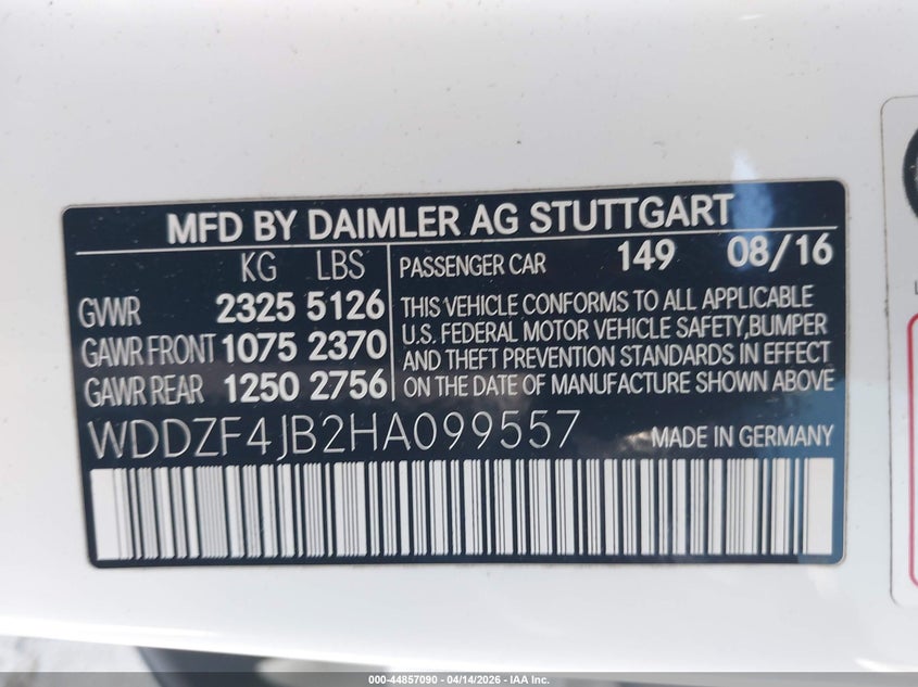 2017 Mercedes-Benz E 300 VIN: WDDZF4JB2HA099557 Lot: 44857090