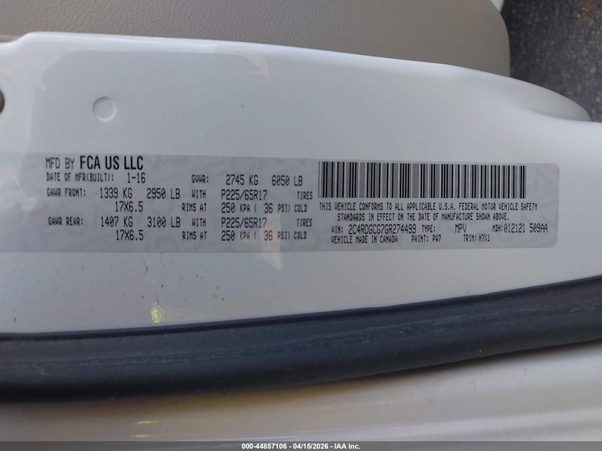 2016 Dodge Grand Caravan Sxt VIN: 2C4RDGCG7GR274499 Lot: 44857106