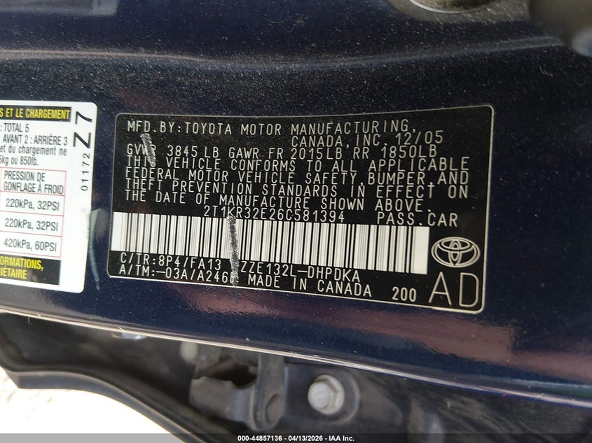 2006 Toyota Matrix VIN: 2T1KR32E26C581394 Lot: 44857136