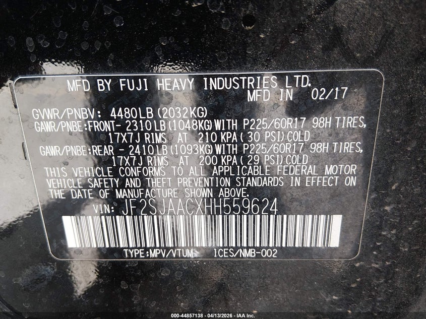 2017 Subaru Forester 2.5I VIN: JF2SJAACXHH559624 Lot: 44857138