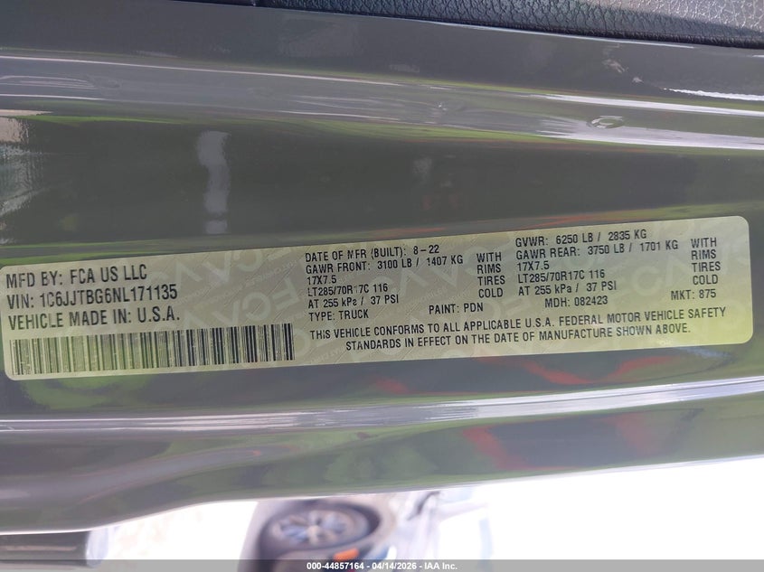 2022 Jeep Gladiator Rubicon 4X4 VIN: 1C6JJTBG6NL171135 Lot: 44857164